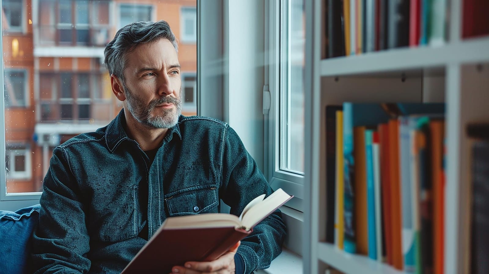 Homem sentado perto de uma janela lendo um livro aberto, com uma estante de livros coloridos ao lado