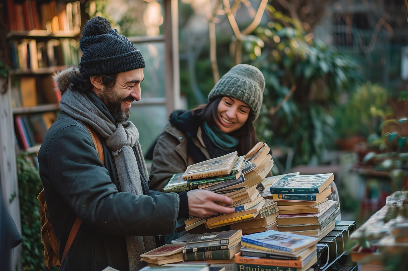 Duas pessoas sorrindo enquanto folheiam uma pilha de livros juntas em uma banca ao ar livre