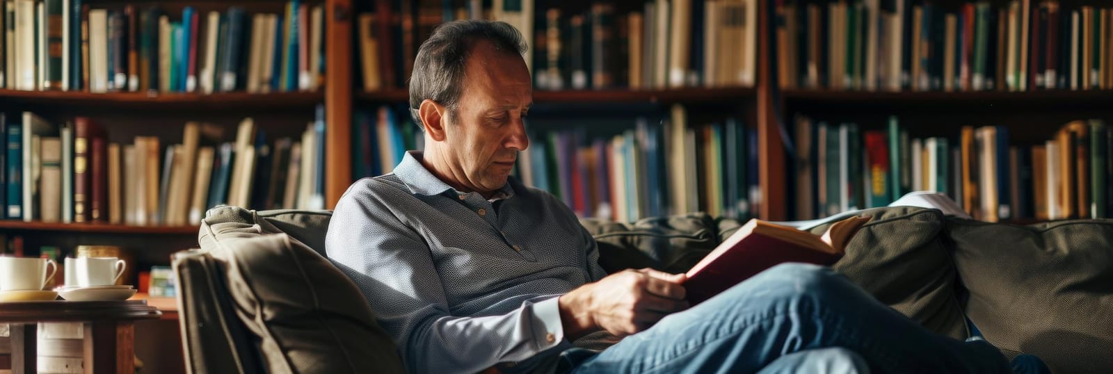 Homem sentado em um sofá, lendo um livro, cercado por estantes cheias de livros em uma sala de estar